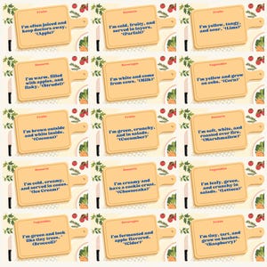 May include: A set of 16 wooden cards with a yellow background and brown borders. Each card has a different food or drink item with a description and the name of the item in parentheses. The cards are arranged in a grid of four rows and four columns.