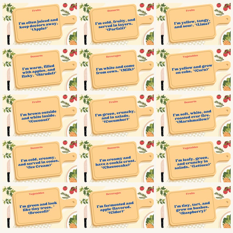 May include: A set of 16 wooden cards with a yellow background and brown borders. Each card has a different food or drink item with a description and the name of the item in parentheses. The cards are arranged in a grid of four rows and four columns.