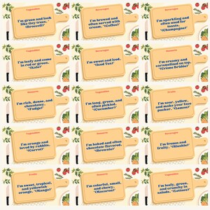 May include: A set of 16 illustrated cards with a wooden cutting board design. Each card features a different food or beverage item with a short description and the name of the item in parentheses. The cards are arranged in a grid of four rows and four columns.