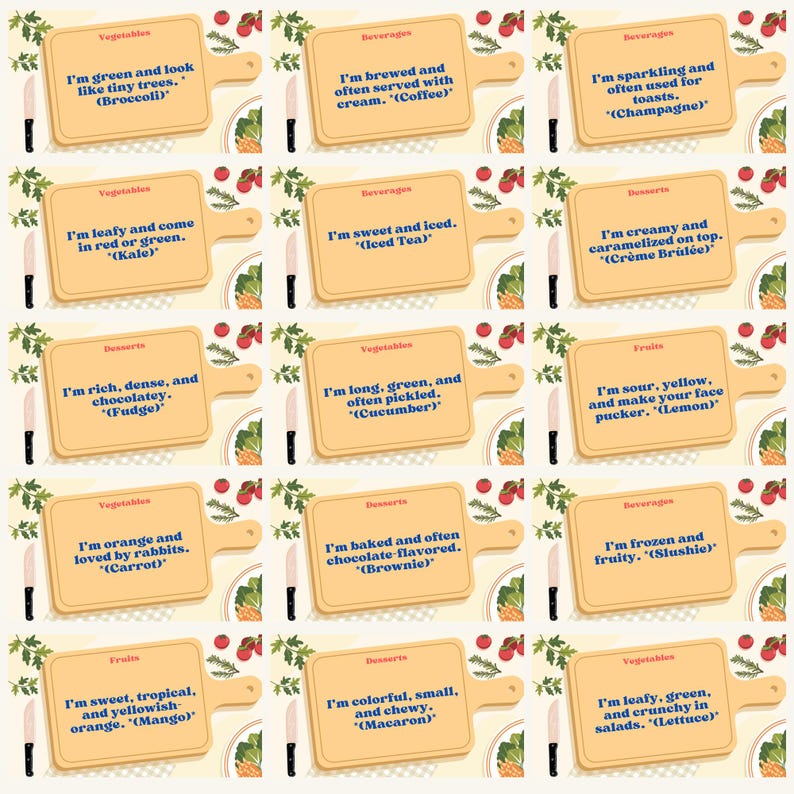 May include: A set of 16 illustrated cards with a wooden cutting board design. Each card features a different food or beverage item with a short description and the name of the item in parentheses. The cards are arranged in a grid of four rows and four columns.