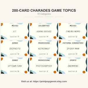 200 cartas de charadas imprimíveis para todas as idades | Jogo divertido para a família para festas, crianças e adultos | Categorias de filmes, animais, celebridades e muito mais