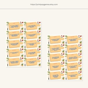 May include: A printable set of 20 food-themed guess-the-vegetable game cards. Each card features a colorful illustration of a vegetable and a riddle about it. The cards are printed on a light brown background with a white border.