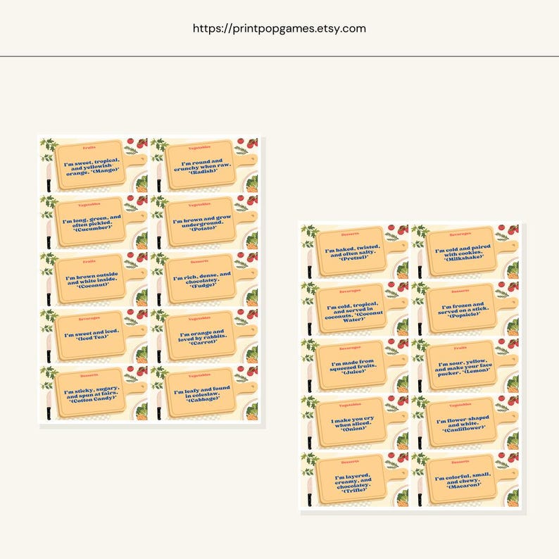 May include: A printable set of 20 food-themed guess-the-vegetable game cards. Each card features a colorful illustration of a vegetable and a riddle about it. The cards are printed on a light brown background with a white border.