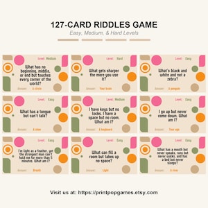 Jogo de enigmas de 127 cartas | Enigmas imprimíveis divertidos e desafiadores | Compatível com dispositivos móveis para família e amigos | 3 níveis de dificuldade