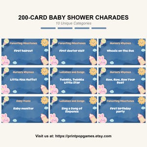 200 tarjetas de charadas para baby shower / Juego imprimible divertido para fiestas de baby shower / Descarga instantánea en PDF / Juego para baby shower de niñas / 10 categorías
