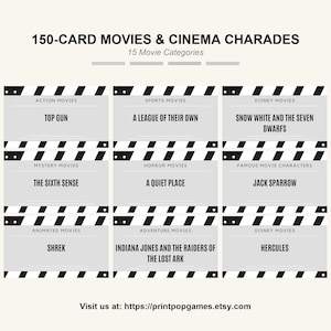 Gioco di sciarade a tema cinematografico da 150 carte / Divertimento per tutte le età / PDF stampabile e adatto ai dispositivi mobili / Serata di giochi per feste in famiglia / Download immediato