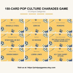 150 Popkultur Scharaden Spiel - Druckbares Gesellschaftsspiel mit trendigen Filmen, Memen, Promis, Liedern - Lustige Familie & Freunde Aktivität PDF