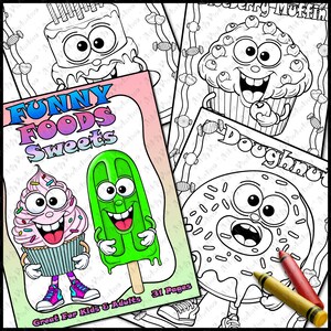 Funny Foods Sweets Digital Coloring Book Bundle | Easy Coloring Pages | 3 PDF Printable Pages for Kids & Adults | Instant Download Coloring
