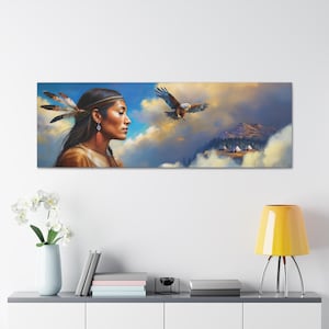 May include: A painting of a Native American woman with a feathered headdress, looking up at a bald eagle flying above a mountain range with clouds in the background.