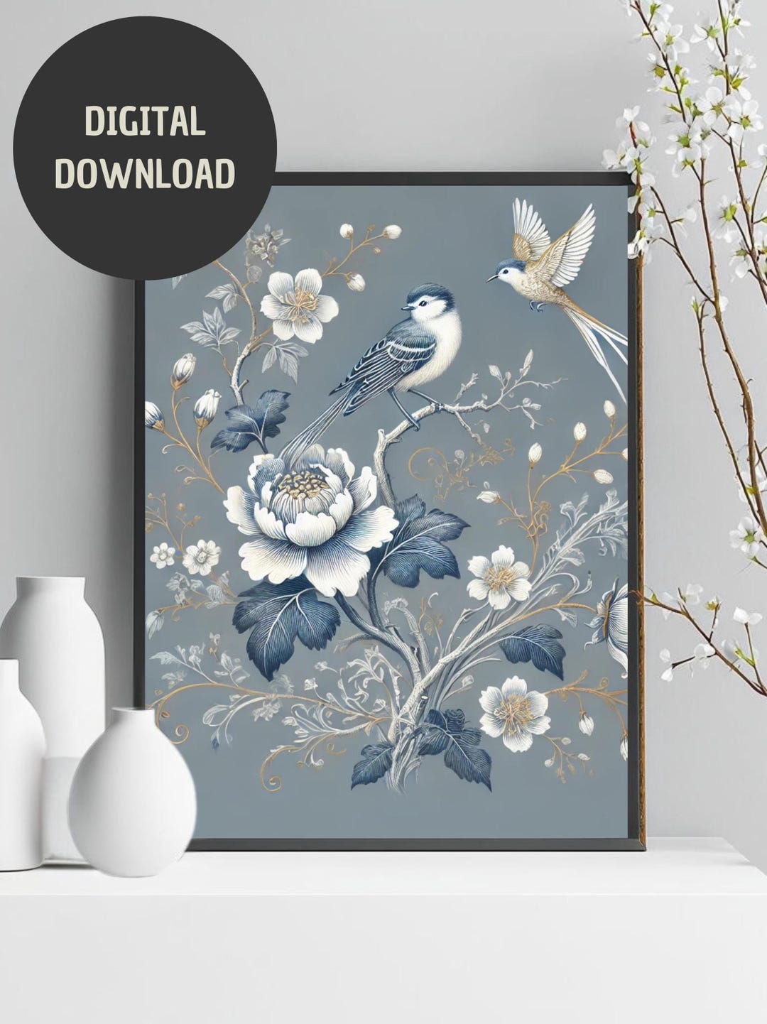 Blue Chinoiserie Digital Print – Tropical Birds and Botanical Wall Art ...