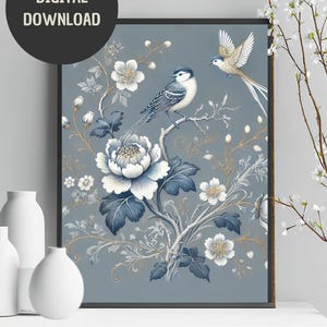 Blue Chinoiserie Digital Print – Tropical Birds and Botanical Wall Art | Chinese Chinoiserie Poster | Asian Vintage Tapestry Download