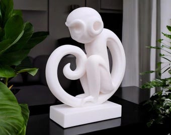 Escultura minimalista de mono impresa en 3D | Figura moderna de mono como decoración | Mono de PLA sobre un pedestal