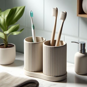 Zahnputzbecher-Set gerippt mit Untersatz | 3D Druck Badezimmer Organizer | Zahnbürstenhalter