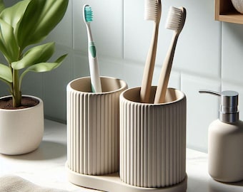 Ribbed Toothbrush Cup Set with Tray | 3D Printed Bathroom Organizer | Modern Toothbrush Holder
