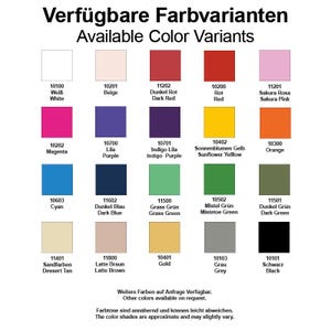 May include: A color chart displaying a variety of color swatches with corresponding names and codes. The chart includes shades like white, beige, red, pink, purple, blue, green, yellow, orange, gold, gray, and black. Text at the top reads "Available Color Variants".