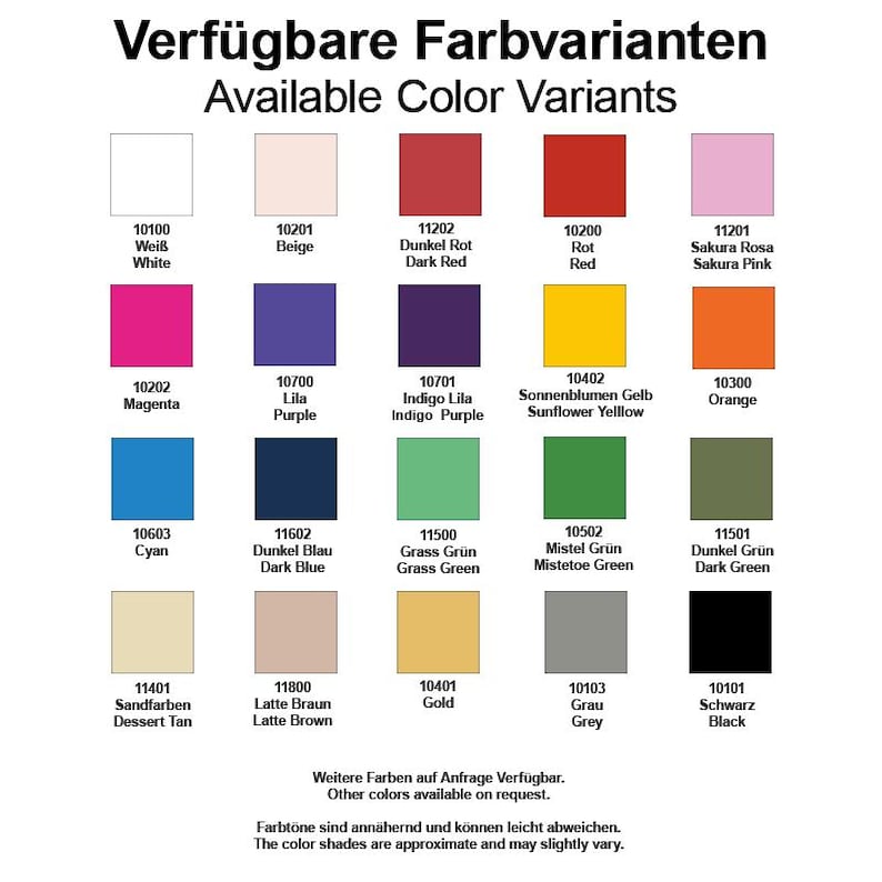 May include: A color chart displaying a variety of color swatches with corresponding names and codes. The chart includes shades like white, beige, red, pink, purple, blue, green, yellow, orange, gold, gray, and black. Text at the top reads "Available Color Variants".