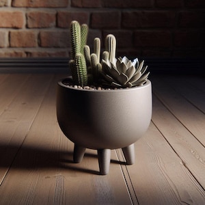 Puede incluir: Una maceta gris de tres patas llena de cactus y una suculenta. La maceta está sobre un suelo de madera frente a una pared de ladrillo. Los cactus son verdes y espinosos, y la suculenta es de color verde claro.