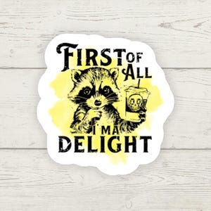 First of All, I’m a Delight Sticker, Sassy Raccoon Sticker, Feral Energy, Sarcastic Sticker, Decals for Laptop, Water Bottle, Journal, Phone