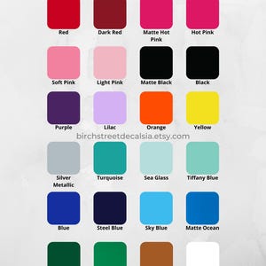 Puede incluir: Una carta de colores que muestra las opciones de color de vinilo. La tabla incluye cuadrados de varios colores como rojo, rosa, negro, morado, naranja, amarillo, plateado, turquesa, azul, verde, cobre y blanco. El texto en la parte superior dice "Opciones de color de vinilo est&aacute;ndar:"
