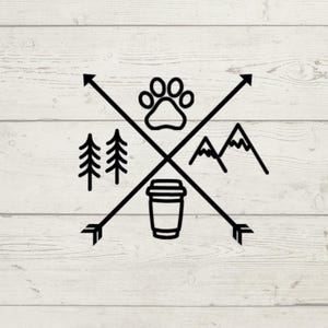 May include: Black and white line art design featuring a paw print, mountains, trees, and a coffee cup, intersected by arrows. The design is set against a light wood grain background.