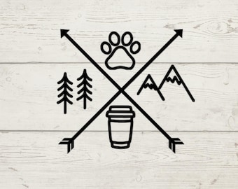 Pegatina de flechas de aventura: flechas cruzadas con huella de perro, montañas, café y árboles / Adhesivo de vinilo para coche, portátil, vaso, exteriores