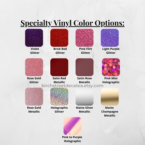 Puede incluir: Una carta de colores que muestra opciones de vinilo especiales. La carta incluye cuadrados de varios colores y acabados, como purpurina, met&aacute;lico y hologr&aacute;fico. Los colores van del violeta y el rojo al rosa y la plata. El texto en la parte superior dice "Specialty Vinyl Color Options:"
