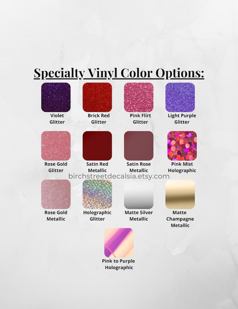 Puede incluir: Una carta de colores que muestra opciones de vinilo especiales. La carta incluye cuadrados de varios colores y acabados, como purpurina, met&aacute;lico y hologr&aacute;fico. Los colores van del violeta y el rojo al rosa y la plata. El texto en la parte superior dice "Specialty Vinyl Color Options:"