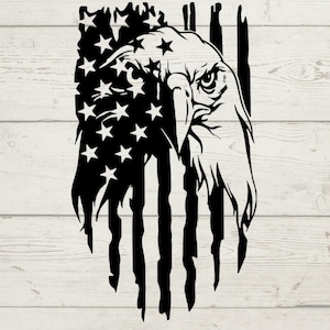 May include: Black and white silhouette of a bald eagle with its head turned to the side, looking directly at the viewer. The eagle's head is partially obscured by a tattered American flag.