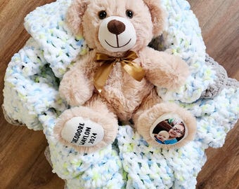 Peluche personalizado, osito de peluche personalizado con nombre, fecha y foto, oso conmemorativo para duelo, regalo de Navidad de peluche