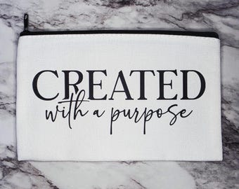 Bolsa "Creado con un Propósito": Bolsa de lona inspiradora, bolsa de maquillaje cristiana, regalo religioso para mujeres, bolsa para lápices con texto bíblico.