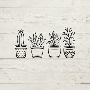 May include: Black and white line art illustration of four potted plants. The plants include a cactus, a succulent, and two other leafy plants. The pots have different designs, including polka dots, stripes, and zigzags. The background is a light wood grain.