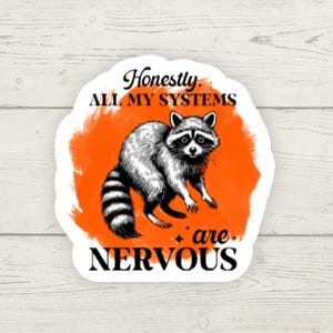 May include: A white sticker with an orange background and a black and white illustration of a raccoon. The text on the sticker reads "Honestly, all my systems are nervous."