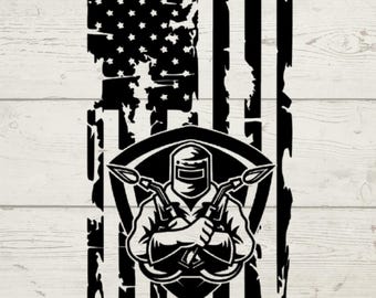 Distressed American Flag Welder Decal Sticker, Welding Torch, Welding Hood, Mechanic, Waterproof, Car Motorcycle Laptop Bumper Sticker Decal