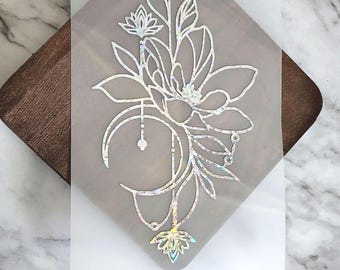 Elegant Lotus & Crescent Moon Vinyl Decal, Boho Spiritual Design, Yoga Inspired Art, Witchy Aesthetic Decor, Meditation Wall Decal