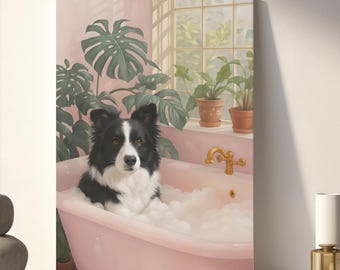 Peut inclure: Une impression sur toile représente un chien Border Collie noir et blanc se relaxant dans une baignoire rose remplie de bulles. La salle de bain comprend des plantes en pot, une fenêtre et des accessoires dorés, créant une scène sereine.