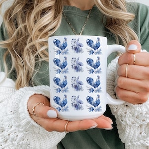 Chicken Lover Gift Mug, Farm Girl Cute Rooster Chinoiserie Theme For Women Coffee Tea Cup Floral Rooster Mug