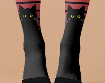 Gothic Black Cat Socks, Halloween Crew Socks, Goth Cat Lover Gift, Dark Academia Witchy Socks, Spooky Alt Fashion Unisex Novelty Socks
