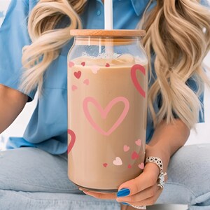 Pink Heart Glass Coffee Tumbler Wrap, Cute Iced Coffee Cup Design, Romantic Glass Can Cup, Coffee Lover Gift