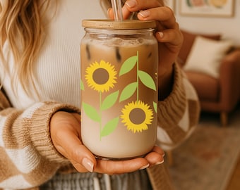 Sunflower Floral Glass Coffee Cup, Iced Coffee Cup Wrap, Summer Sipper Glass Can Tumbler, Coffee Lover Gift
