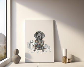 Christmas Dog Wall Art, Daschund in Christmas Lights Print