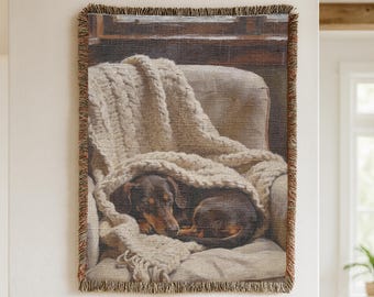 Dachshund Woven Blanket, Cozy Wiener Dog Throw, Sausage Dog Blanket, Dog Lover Gift, Warm Cottage Home Decor