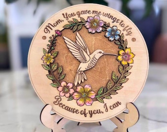 Targa personalizzata con colibrì per la mamma, targa in legno incisa al laser, regalo floreale dipinto a mano per la mamma, regalo personalizzato per la festa della mamma, regalo di condoglianze