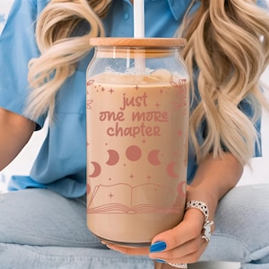 Book Lover Glass Coffee Cup Wrap, Just One More Chapter Iced Coffee Tumbler, Celestial Summer Sipper Glass