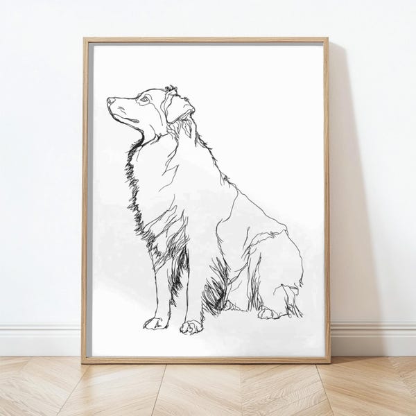 Stampa artistica di un pastore australiano, stampa murale minimalista di un cane australiano, poster moderno con schizzo di un cane, regalo per un pastore australiano, arredamento per animali domestici in stile fattoria