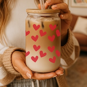 Red Heart Pattern Glass Can Cup Wrap, Iced Coffee Cup Valentine Tumbler, Coffee Lover Gift, Cute Summer Sipper