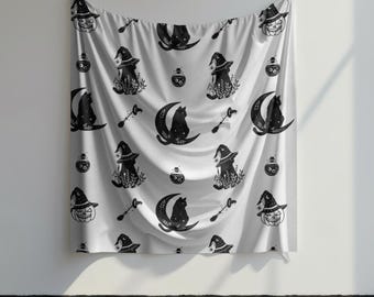 Coperta gotica con gatto nero, coperta con silhouette di gatto per Halloween, decorazione stregata con luna crescente, regalo per amanti dei gatti in stile dark academia, coperta di peluche spettrale