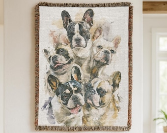 French Bulldog Woven Blanket, Frenchie Family Portrait Throw, Watercolor Dog Tapestry, Frenchie Wall Decor, Dog Lover Gift