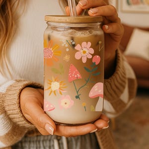 Whimsical Mushroom Floral Glass Coffee Cup Wrap, Boho Cottagecore Iced Coffee Tumbler, Summer Sipper Gift