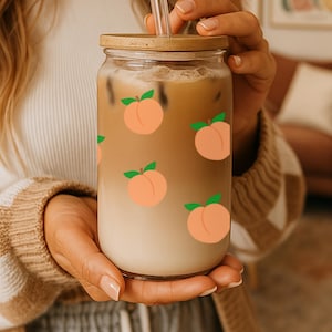 Peach Coffee Glass Tumbler Wrap, Summer Fruit Iced Cup Design, Cute Ice Coffee Lover Sipper Glass Gift