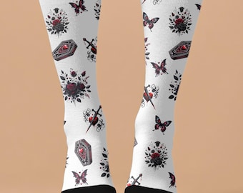 Gothic Crew Socks, Dark Romantic Socks, Goth Aesthetic Socks, Skull Rose Socks, Alternative Fashion Socks, Unisex Crew Socks, Gothic Gift